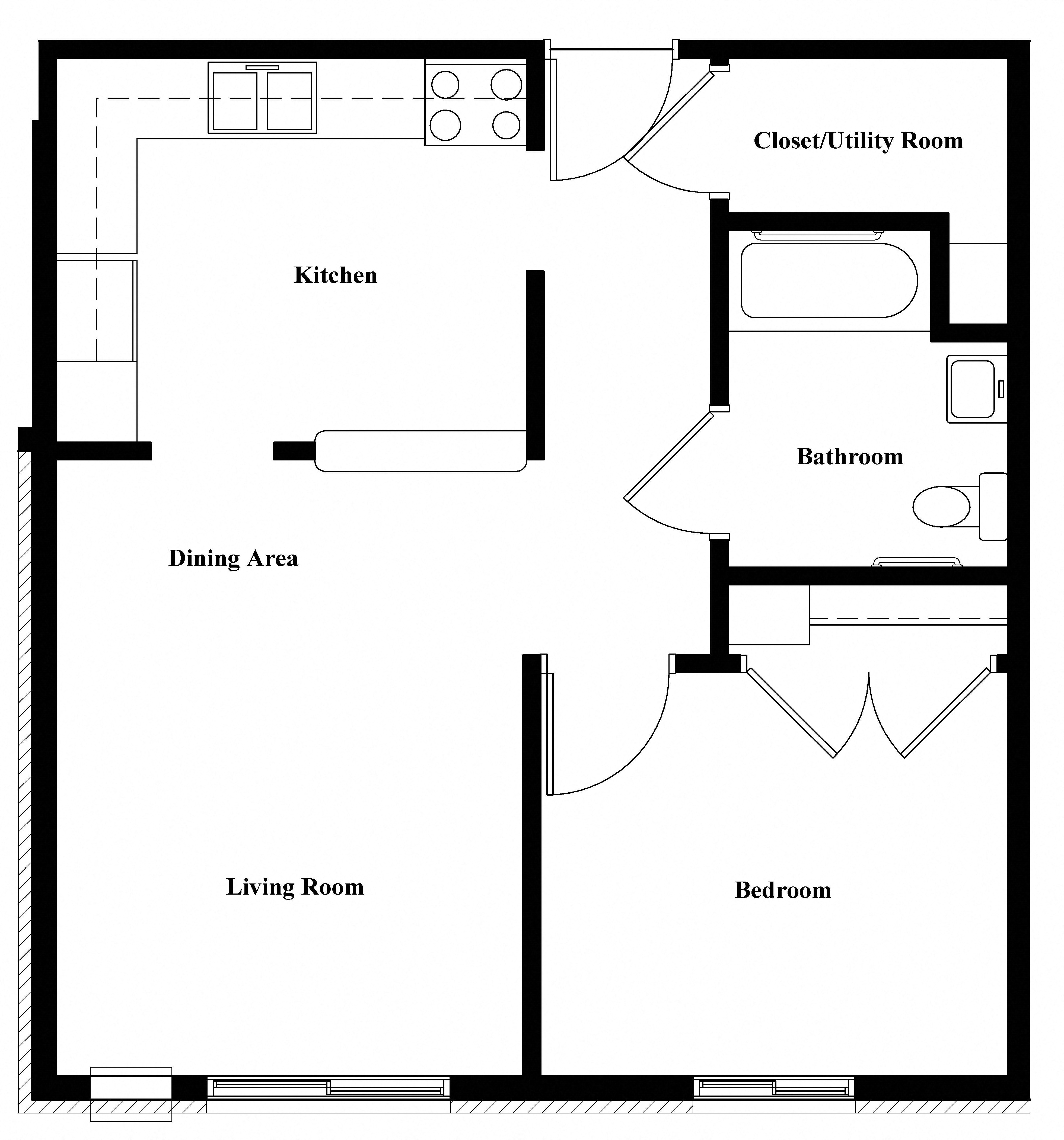 Floor plan for 1 bed, 1 bath, 576 sqft